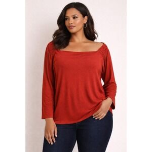 IMAN Plus Size Red Square Neck Long Sleeve‎ Smocked Top Blouse Shirt 2X